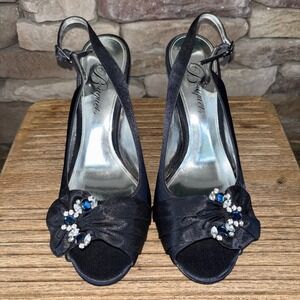 Women Satin Open Toe Slingback Jewel Pumps 7.5 Mid Stiletto Heel Midnight Blue